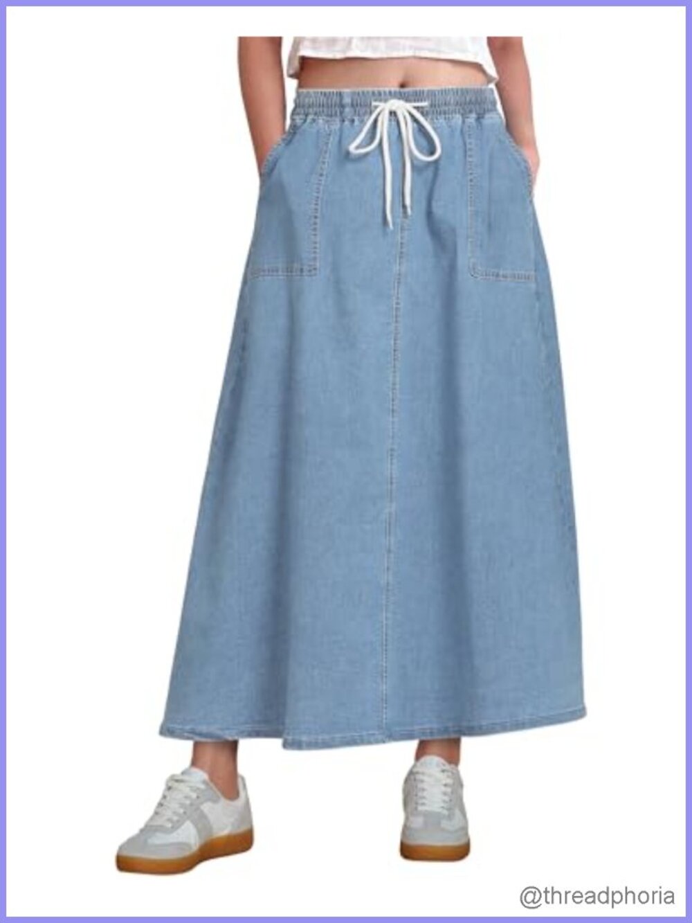 A-Line Maxi Denim Skirt Pull On Elastic Waist Drawstring Pockets